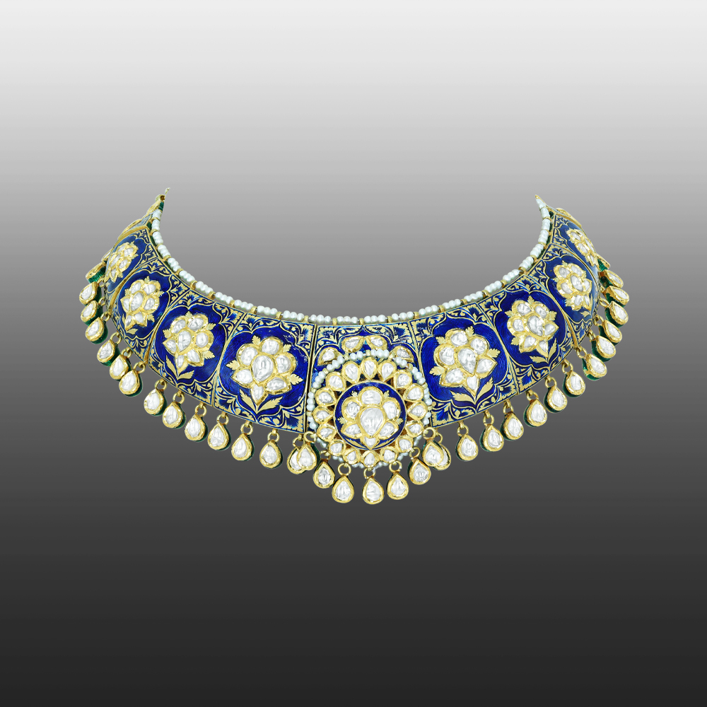 Polki Choker with Blue Enamel, Floral Motifs, and Pearls